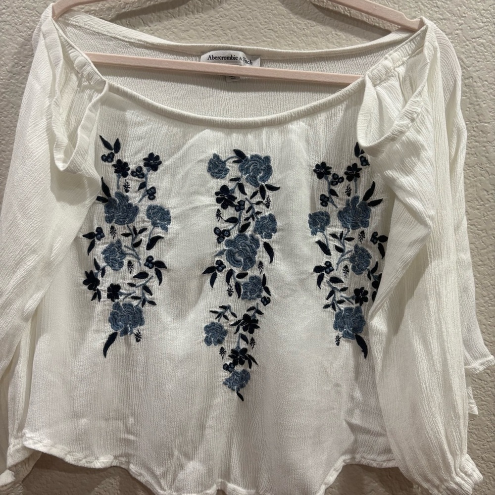 Abercrombie & Fitch White Off-Shoulder Top with Blue Floral Embroidery